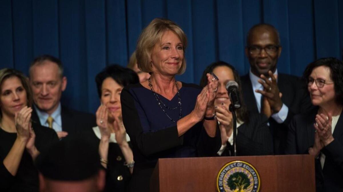 Education Secretary Betsy DeVos addresses the department staff on Wednesday.