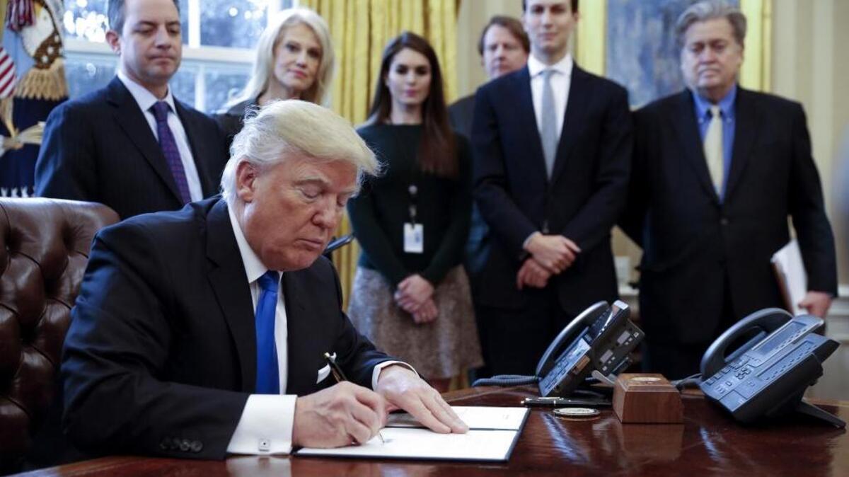 President Donald Trump’s advisers are, from left, White House chief of staff Reince Pribus, counselor to the President Kellyanne Conway, White House Communications Director Hope Hicks, Senior Advisor Jared Kushner and Senior Counselor Stephen Bannon.