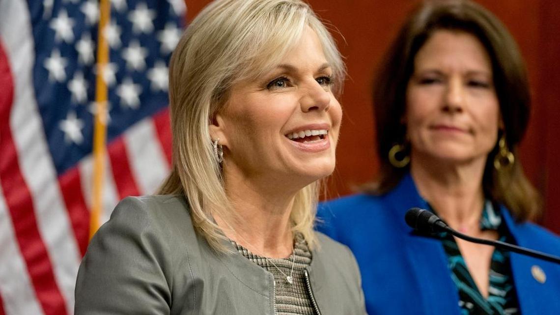 Former Fox News host Gretchen Carlson, left, speaks during a 2018 news conference when members of Congress introduced legislation to curb sexual harassment in the workplace.