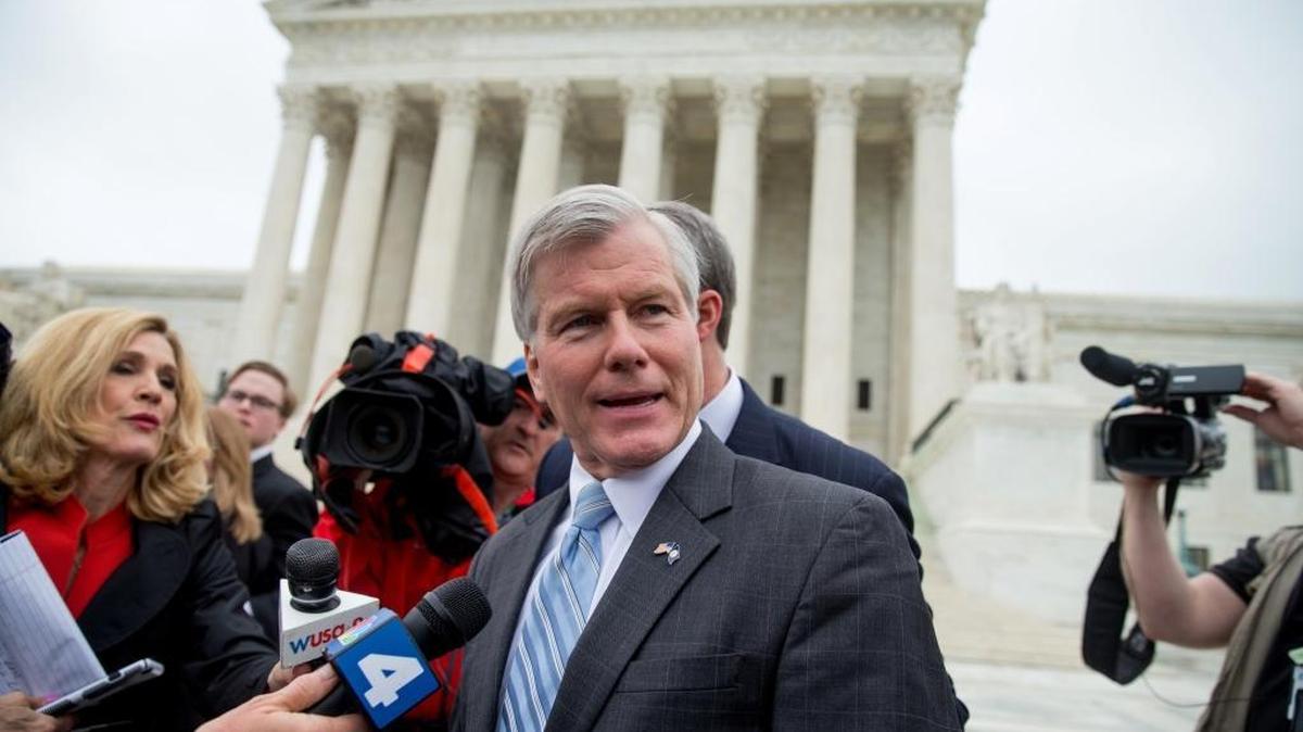 Former Virginia Gov. Bob McDonnell speaks outside the Supreme Court in Washington, D.C., in April, after the Supreme Court heard oral arguments on the corruption case against him.
