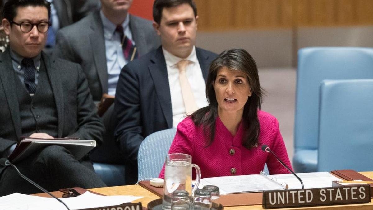 Nikki Haley, U.S. ambassador to the United Nations, speaks during a U.N. Security Council meeting on Wednesday.