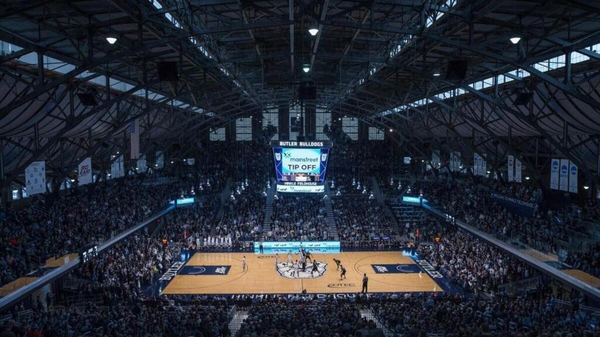 Tip off during an NCAA basketball game between the Butler Bulldogs and Providence Friars at Hinkle Fieldhouse in Indianapolis.