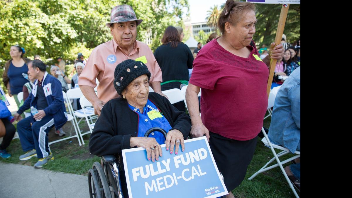 
Ramona Perez is wheeled to a June 2 rally at the state Capitol calling on Gov. Jerry Brown and the Legislature to increase funding for Medi-Cal, the state’s health insurance program for the poor. 
