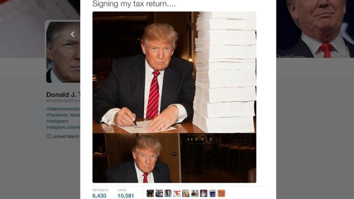 Donald Trump’s campaign released an image of him signing his tax return, but he won’t release them.