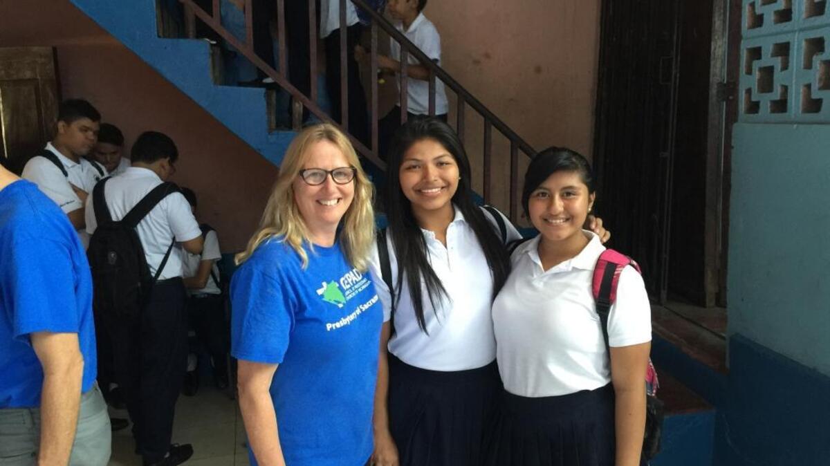 The Rev. Jean Shaw, left, with students at a Nicaraguan school visited recently by Sacramento volunteers.