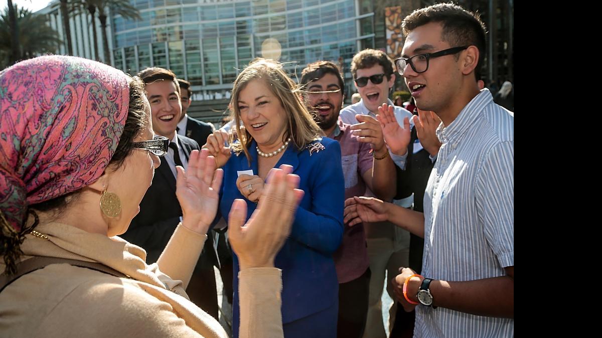 
Rep. Loretta Sanchez, center, was born in Lynwood, a poor city in southern Los Angeles County, and graduated from high school in working-class Anaheim. She is one of seven children born to Mexican immigrants, a machinist and a secretary.
