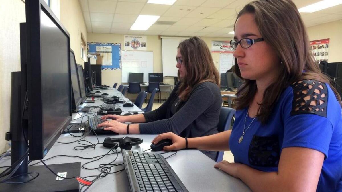 Students work in the computer lab at Cuyama Valley High School in Santa Barbara County after taking the new Common Core-aligned standardized tests in April 2015.
