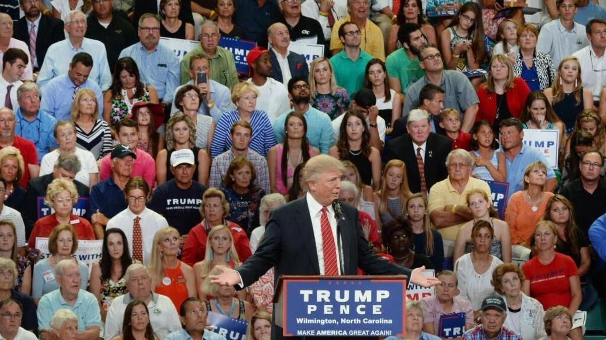 Republican presidential candidate Donald Trump speaks Tuesday on the campus of the University of North Carolina at Wilmington.