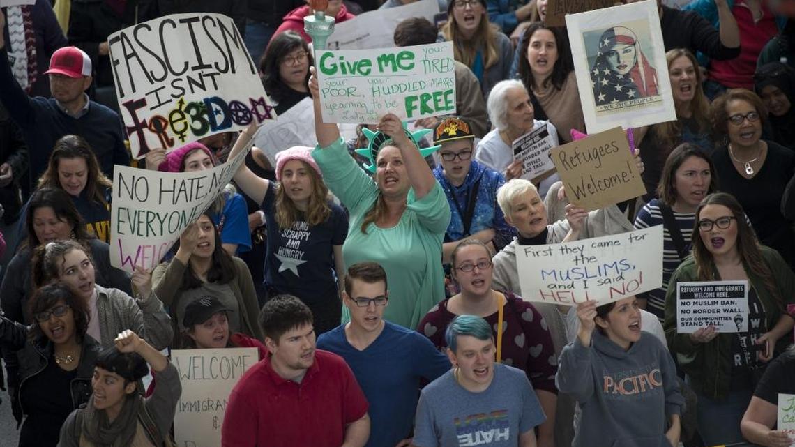 Protesters gather at Sacramento International Airport on Jan. 29 to protest President Donald Trump’s executive order immigration and travel.