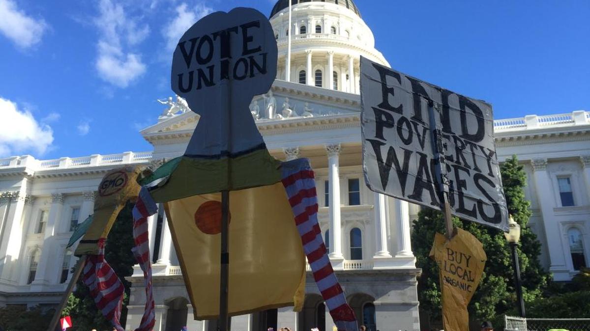 Demonstrators rally for higher wages at the state Capitol on Nov. 10.