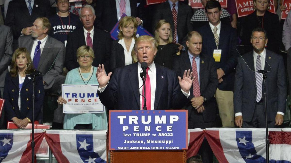 Republican presidential candidate Donald J. Trump stumps Aug. 24 in Jackson, Miss.
