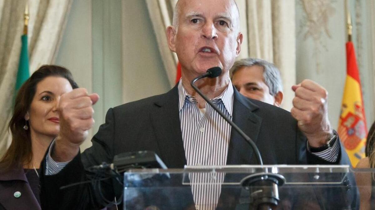 Gov. Jerry Brown speaks at a U.S. embassy event in Paris last month during the United Nations climate change conference. Joe Mathews says Brown is among those who like to brag about California’s singularity.