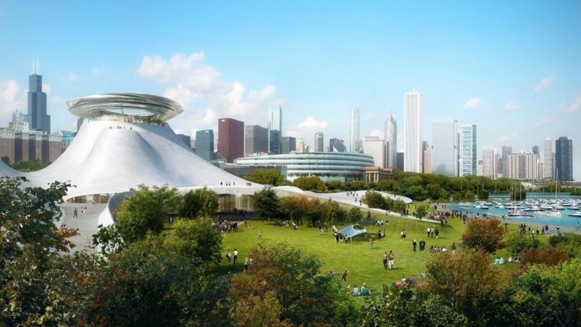 This architectural rendering shows the design of the now-scrapped Lucas Museum of Narrative Art along Chicago’s lakefront.