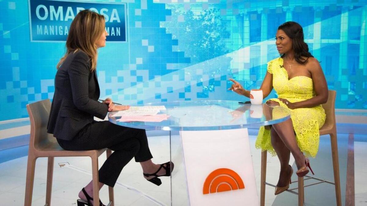 This image released by NBC Today shows reality TV personality and former White House staffer Omarosa Manigault Newman during an interview with co-host Savanah Guthrie on the “Today” show on Monday, Aug. 13, 2018, in New York. Manigault Newman was promoting her book “Unhinged.” (Zach Pagano/NBC via AP)