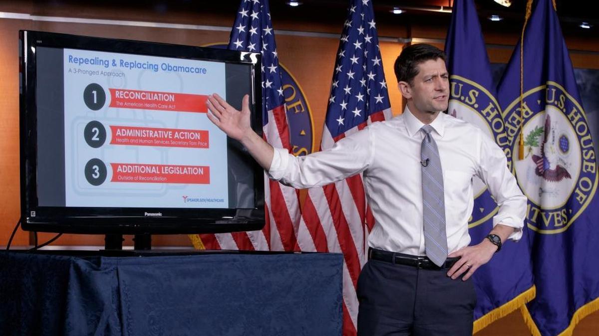 House Speaker Paul Ryan uses charts and graphs to make his case for the GOP's long-awaited plan to repeal and replace the Affordable Care Act, on Thursday during a news conference on Capitol Hill in Washington.