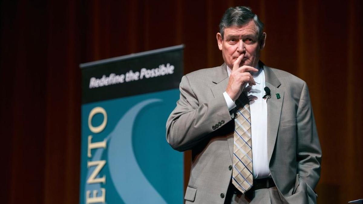 CSU chancellor Timothy White talks with students and staff at California State University, Sacramento, on May 3. Karin Klein says CSUs are a better model than “free” universities in Europe.