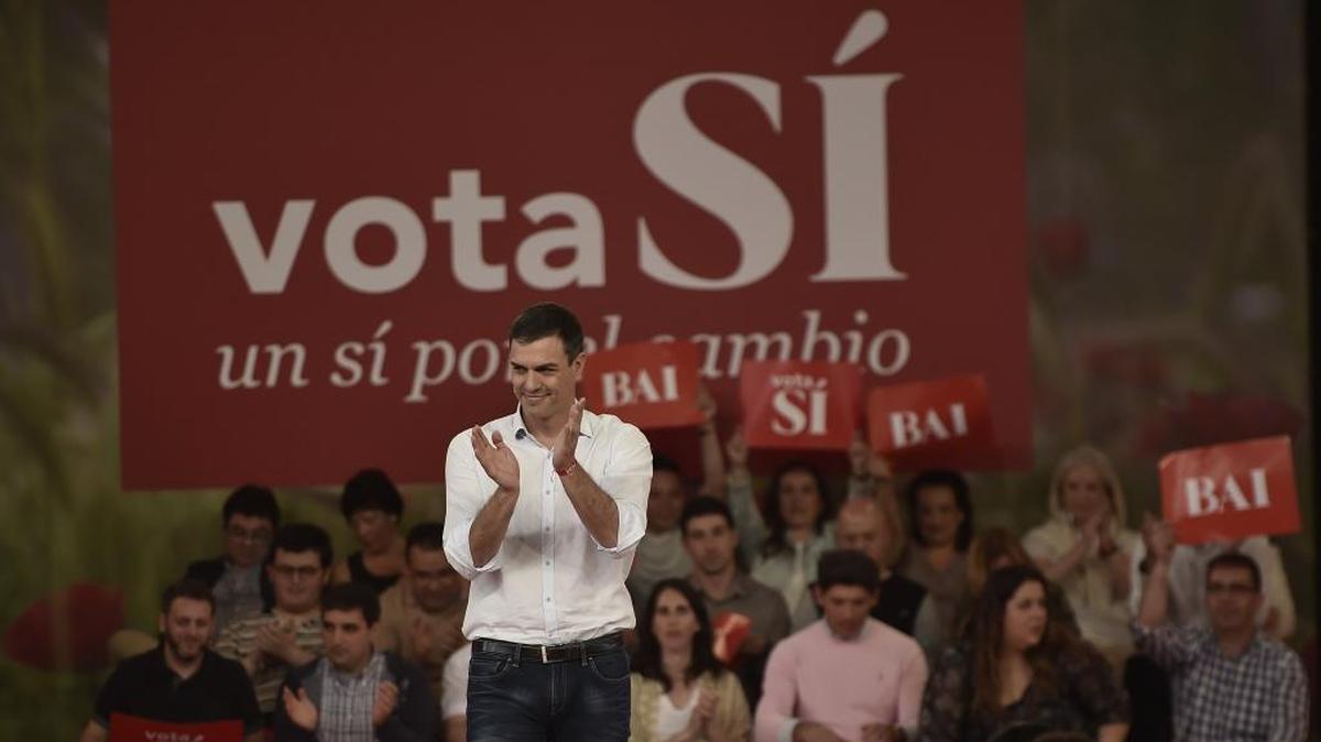 Pedro Sanchez, leader of Spanish Socialist Party, applauds as he delivers his speech in the Basque village of Durango in northern Spain in June. Joe Mathews says California can learn how to fix its democracy by looking at other countries.