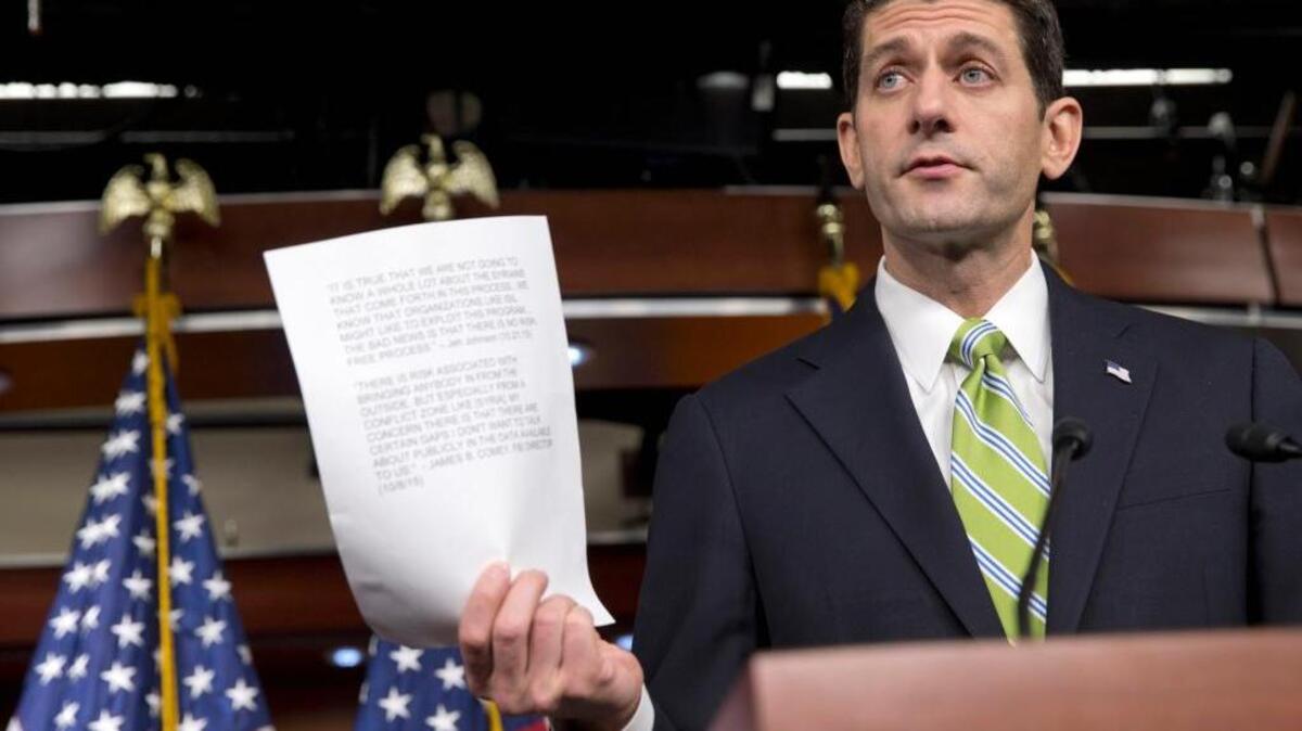 House Speaker Paul Ryan quotes testimony from Homeland Security Secretary Jeh Johnson and FBI Director James Comey, during a news briefing Thursday about refugees, Syria, and immigration. The House of Representatives approved a bill to impose heightened security measures on Iraqi and Syrian refugees seeking to resettle in this country.