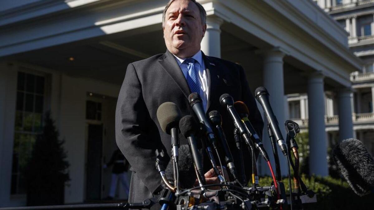 Secretary of State Mike Pompeo speaks with reporters about journalist Jamal Khashoggi after meeting with President Donald Trump in the Oval Office on Thursday.