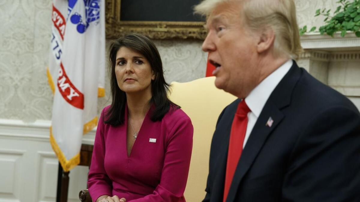 President Donald Trump speaks during a meeting with outgoing U.S. Ambassador to the United Nations Nikki Haley in the Oval Office on Tuesday. He said he hadn’t asked the Saudi government about a missing journalist.