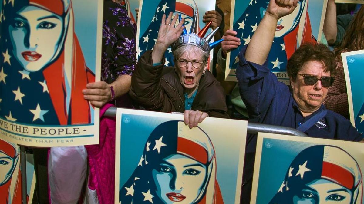 Protesters rally in February against President Donald Trump’s executive order banning travel from seven Muslim-majority nations.