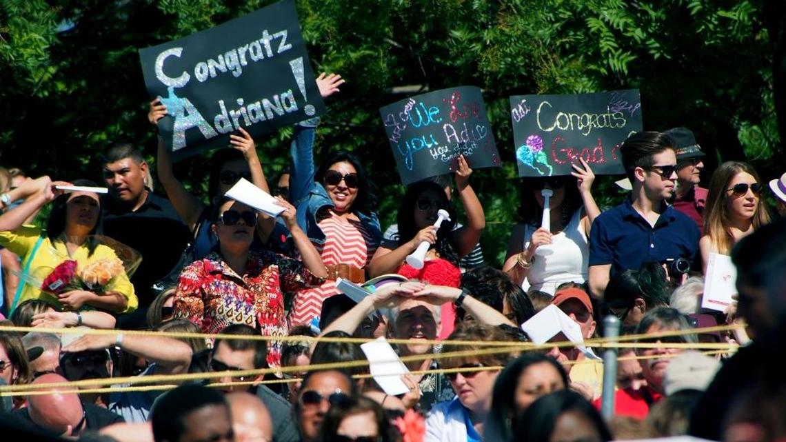 Family and friends cheer at the CSU Stanislaus commencement in May 2013.