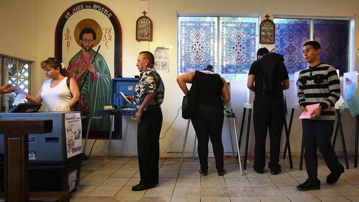 Voters line up at a polling place in a largely Latino area of Los Angeles in 2012.