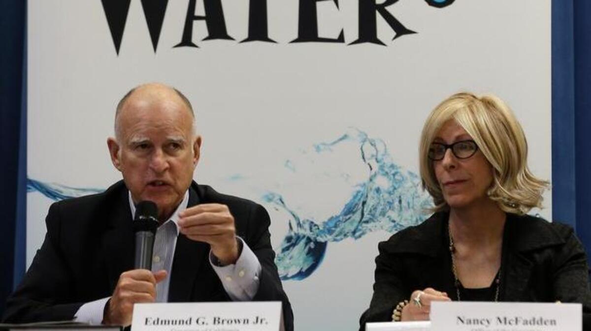 Gov. Jerry Brown speaks at an April drought summit with agricultural, environmental and urban water agency leaders from across California.