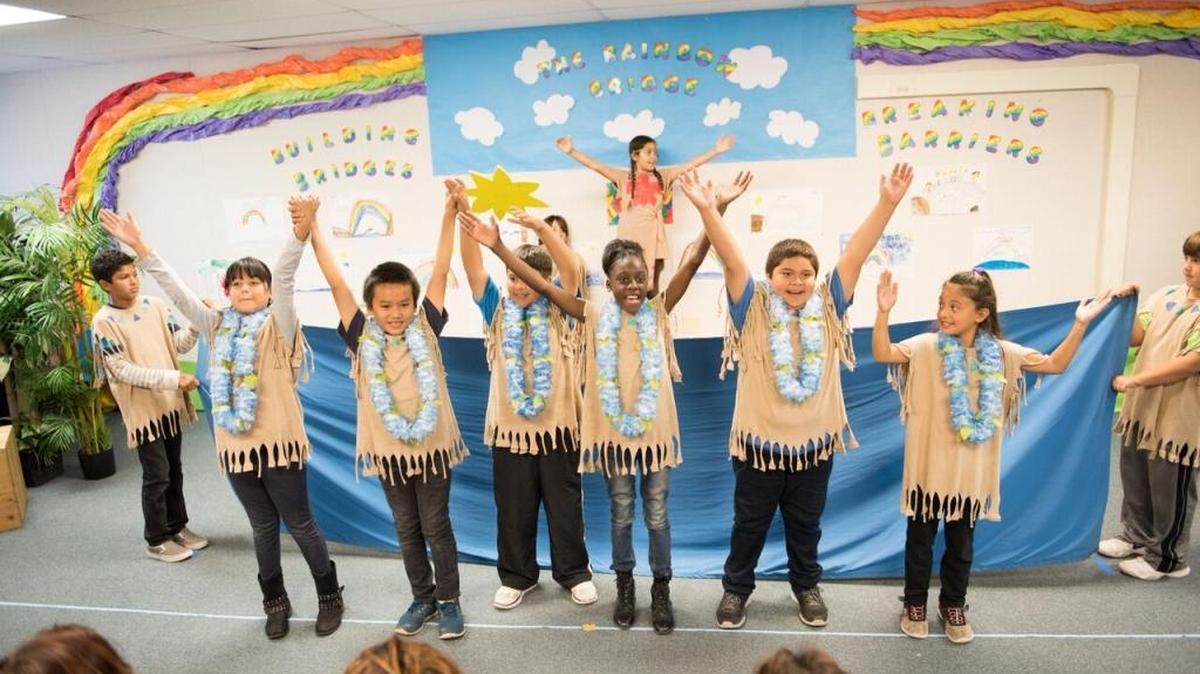 Fourth grade students at Mark Twain Elementary School in Lawndale, Calif., perform "The Rainbow Bridge," directed by Johanna McKay of P.S. ARTS, a nonprofit.
