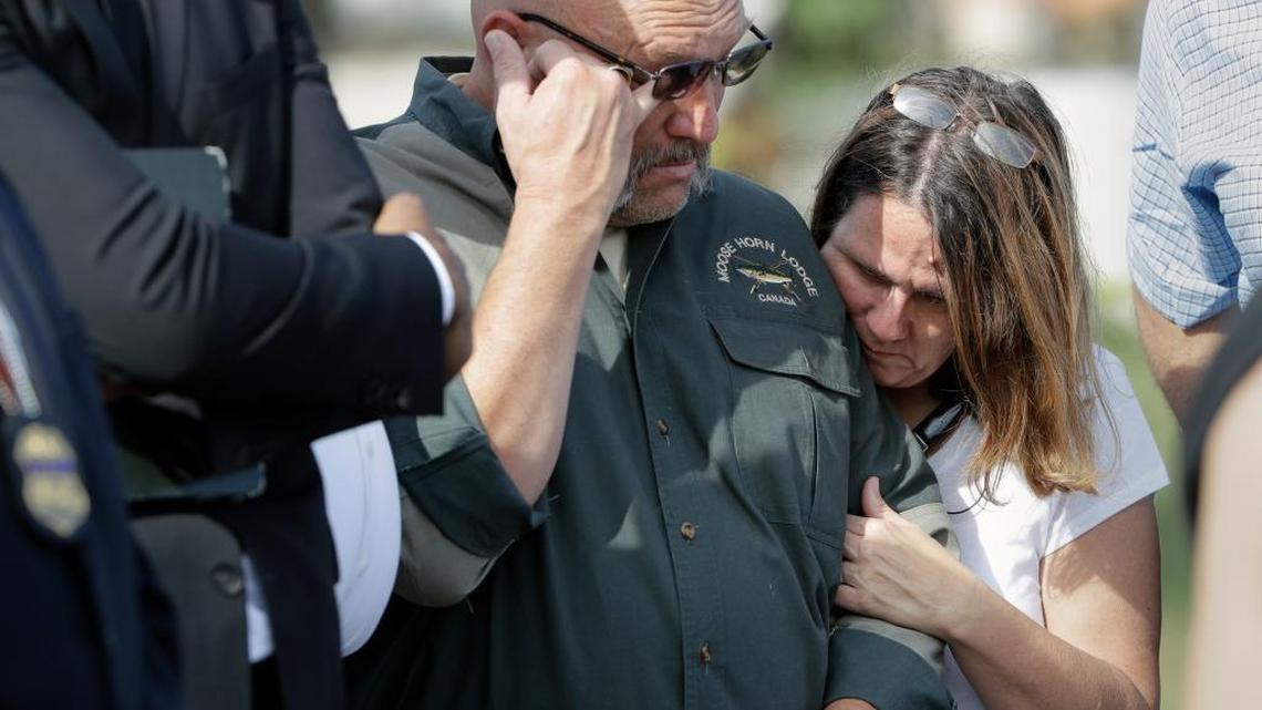 Pastor Frank Pomeroy and his wife Sherri join a news conference near the First Baptist Church of Sutherland Springs on Nov. 6, 2017, after a man opened fire inside the church in the small South Texas community, killing 26.