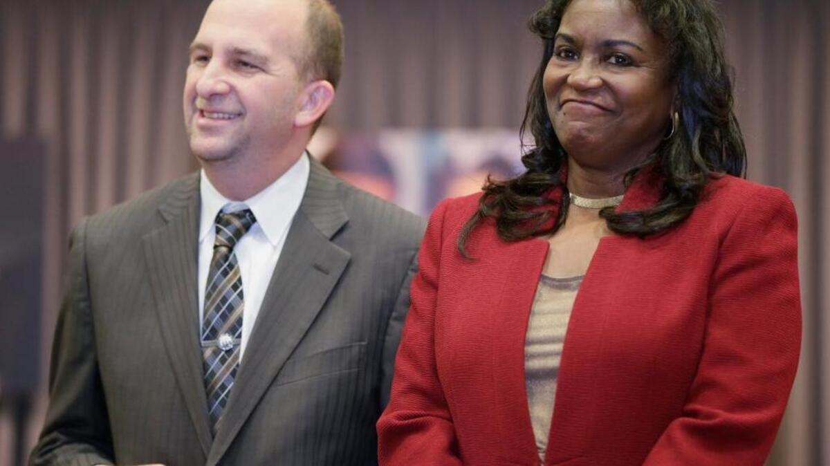 Los Angeles Unified School District Board President Steve Zimmer announces Deputy Superintendent Michelle King as the district’s next superintendent on Jan. 11.