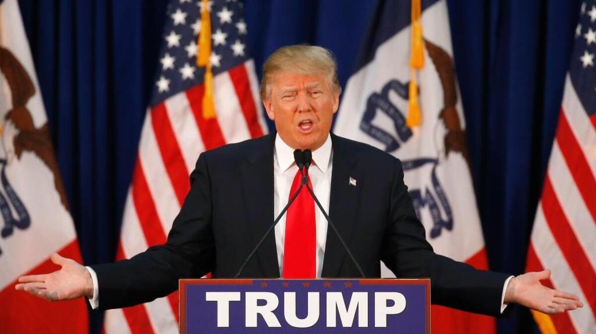 Republican presidential candidate Donald Trump speaks during a campaign event Monday in Waterloo, Iowa.