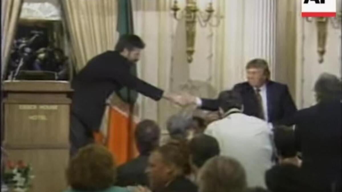 Gerry Adams shakes Donald Trump’s hand at a Sinn Fein fundraiser at the Essex House Hotel in Manhattan in March 1995.