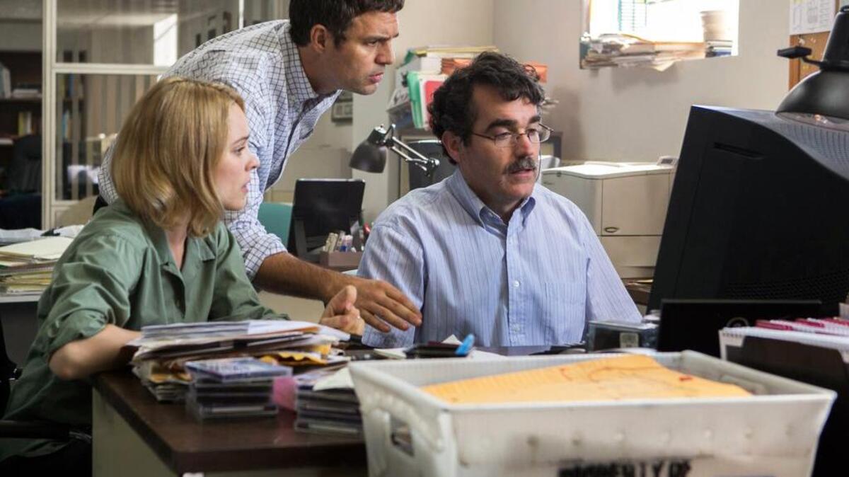 Rachel McAdams, left, Mark Ruffalo, center, and Brian d’Arcy James play Boston Globe reporters in “Spotlight,” which is nominated for Best Picture at the Academy Awards. The movie dramatizes the Globe’s exposé on abuses by Catholic priests.