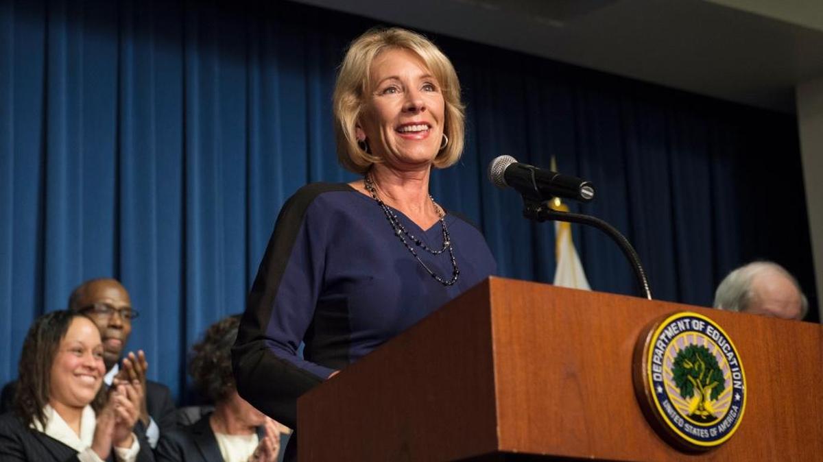Education Secretary Betsy DeVos addresses Education Department staff on Wednesday.