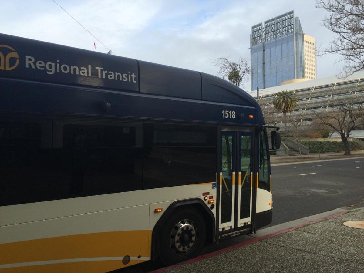 A Regional Transit bus waits for passengers in downtown Sacramento on Monday.
