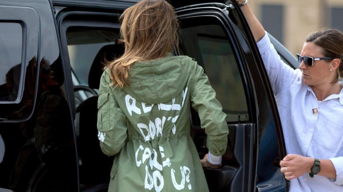 First Lady Melania Trump arrives at Andrews Air Force Base, Md., Thursday, June 21, 2018, after visiting the Upbring New Hope Children Center run by the Lutheran Social Services of the South in McAllen, Texas. Her coat says, “I really don’t care. Do u?” (AP Photo/Andrew Harnik)