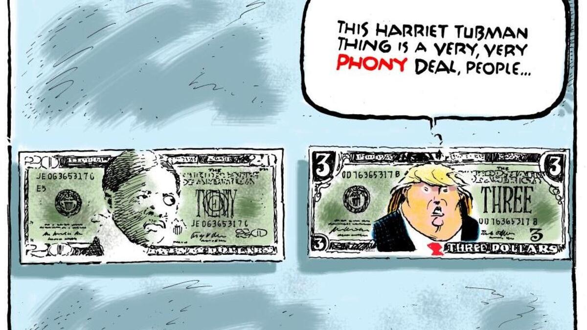 Jack Ohman was struck by Donald Trump’s claim that placing Harriet Tubman on the $20 was political correctness.