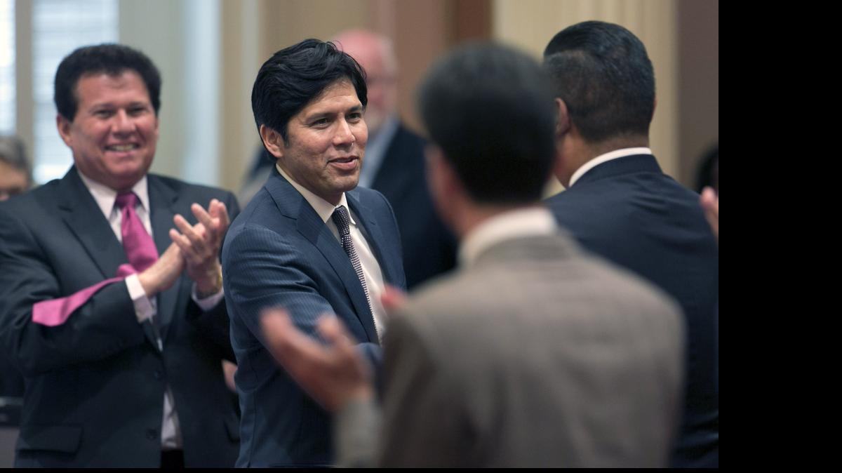 
Sen. Kevin de Leon,D-Los Angeles, second from left, receives congratulations from other lawmakers after he was elected the new Senate President Pro Tem at the Capitol in Sacramento, Calif. 
