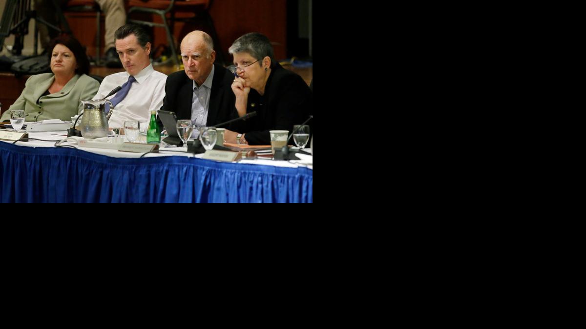 
From left, Assembly Speaker Toni Atkins, Lt. Gov. Gavin Newsom, Gov. Jerry Brown and UC President Janet Napolitano hear students speak at the Board of Regents meeting on Thursday.
