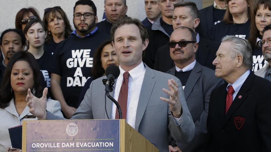 Assemblyman James Gallagher, R-Yuba City, discusses the passage of his bill to increase dam safeguards, during a news conference in 2018, Gallagher is now leader of Assembly Republicans.