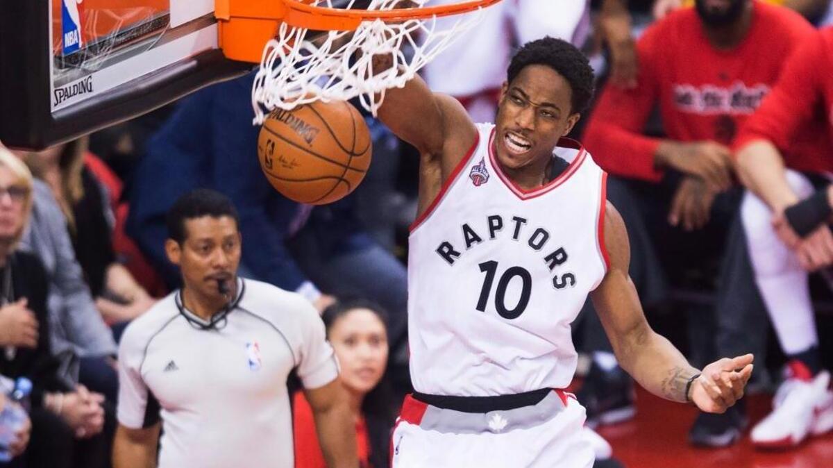 Toronto Raptors guard DeMar DeRozan (10) slam dunks the ball against the Indiana Pacers during Game 5 of an NBA first-round playoff basketball series, Tuesday, April 26, 2016 in Toronto. DeRozan scored a team-high 34 points. Paul George scored 39 for the Pacers.