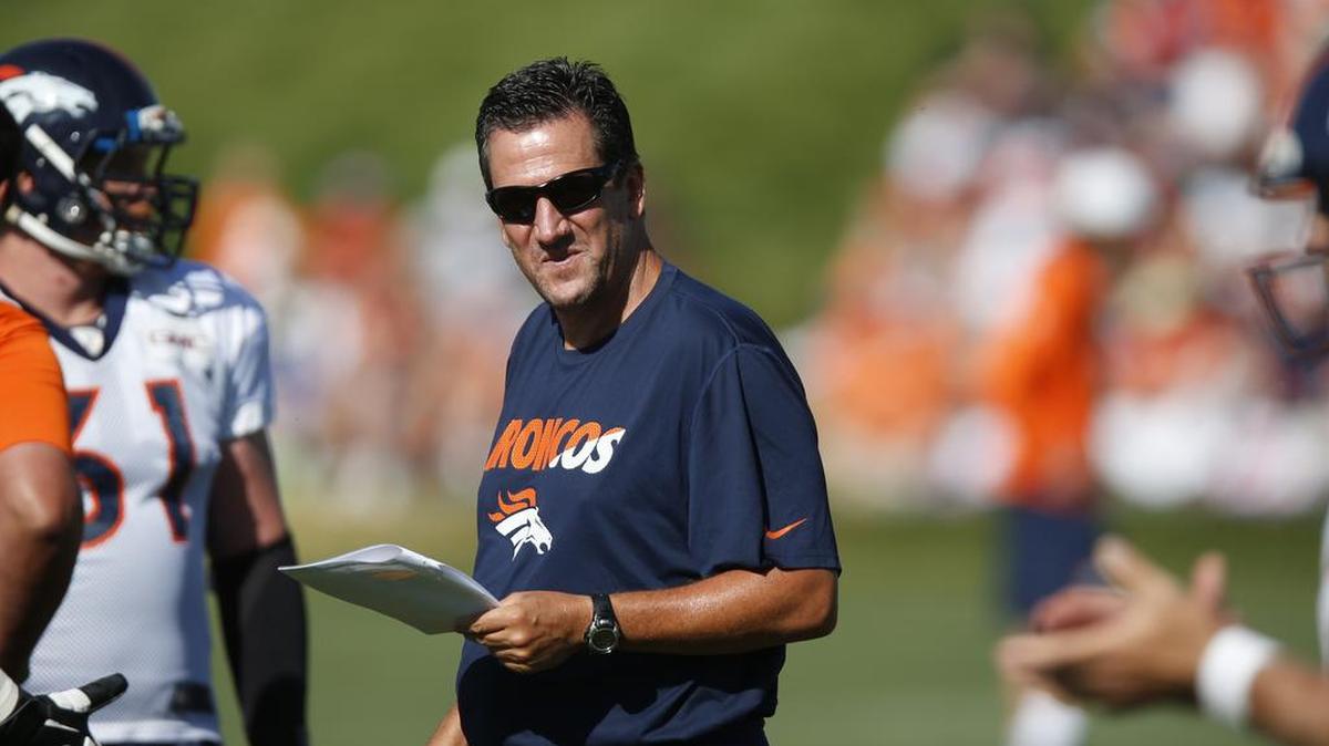 Denver Broncos quarterback coach Greg Knapp oversees a morning session at the team’s training camp Sunday, Aug. 9, 2015, in Englewood, Colo. Knapp if a former offensive coordinator for the 49ers. He played quarterback and coached for Sacramento State. The Raiders host Denver on Sunday, Oct. 11. The 49ers visit Denver for an exhibition game on Saturday, Aug. 29.