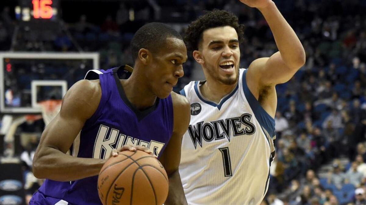 Kings point guard Rajon Rondo drives against Minnesota’s Tyus Jones on Wednesday, March 23, 2016, in Minneapolis.