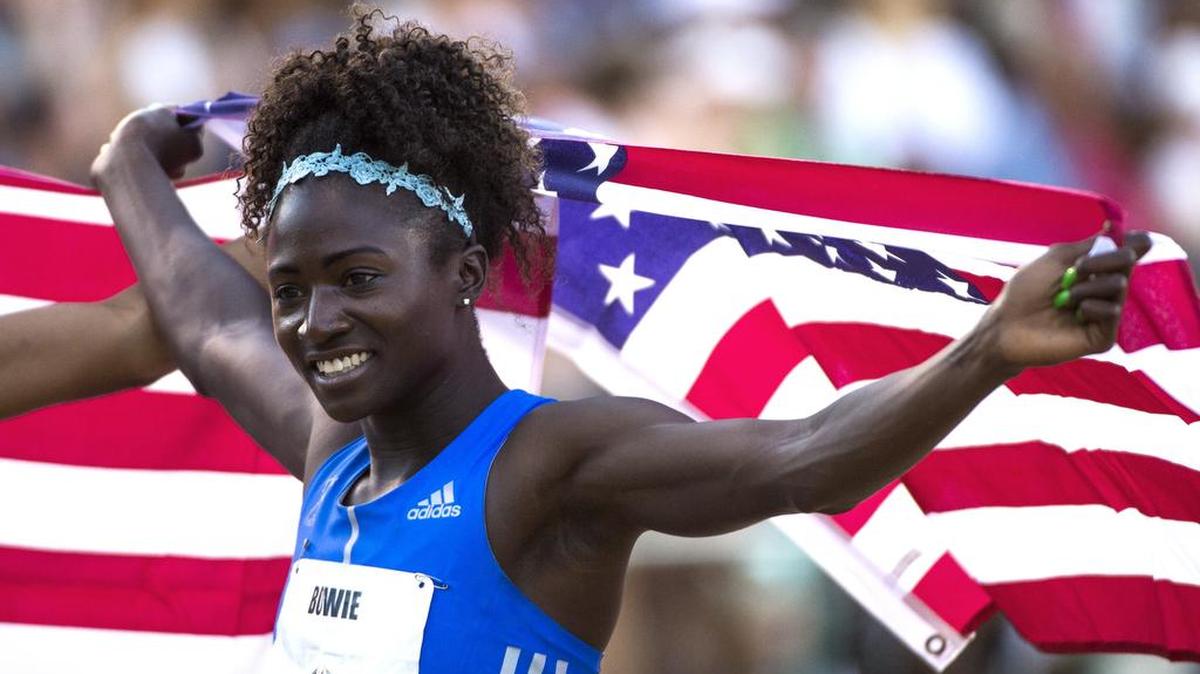 Tori Bowie, after finishing first in the Women’s 100m final in the 2017 USA Track and Field Championships at Sacramento State. She died in April in Orange County, Florida, from pregnancy complications.