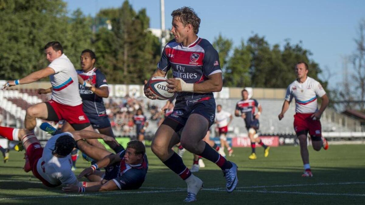 USA Rugby player Blaine Scully runs down field during the first half at a game between the USA Rugby team and Russia at Bonney Field on Saturday, June 25, 2016, in Sacramento.