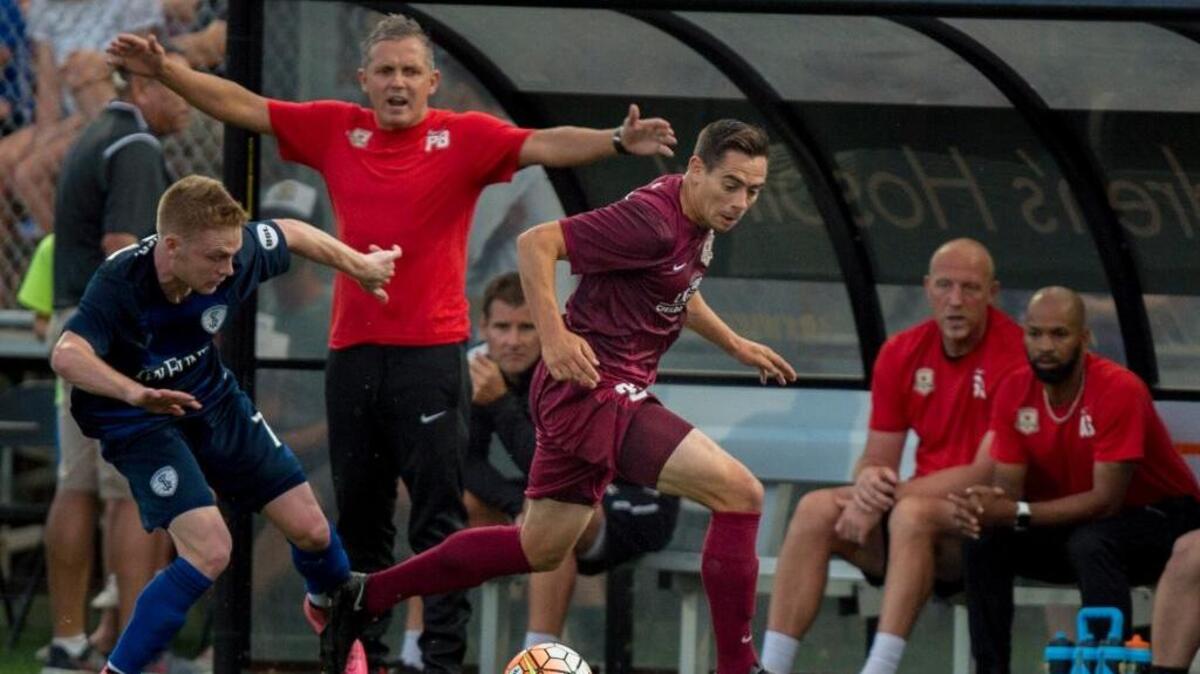 Republic FC coach Paul Buckle, reacting during a May 28 game against Swope Park at Bonney Field, says that despite an 0-3-1 skid, “We’re right where we want to be.”