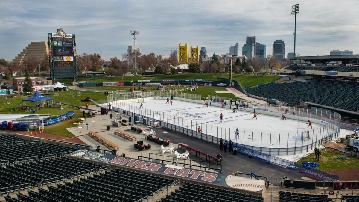 The Bakersfield Condors hockey team practices on an ice rink built at Raley Field in advance of Friday’s outdoor match against the Stockon Heat. This is the first AHL and NHL game to ever feature an outdoor game with the ice rink positioned at home base of a baseball diamond.