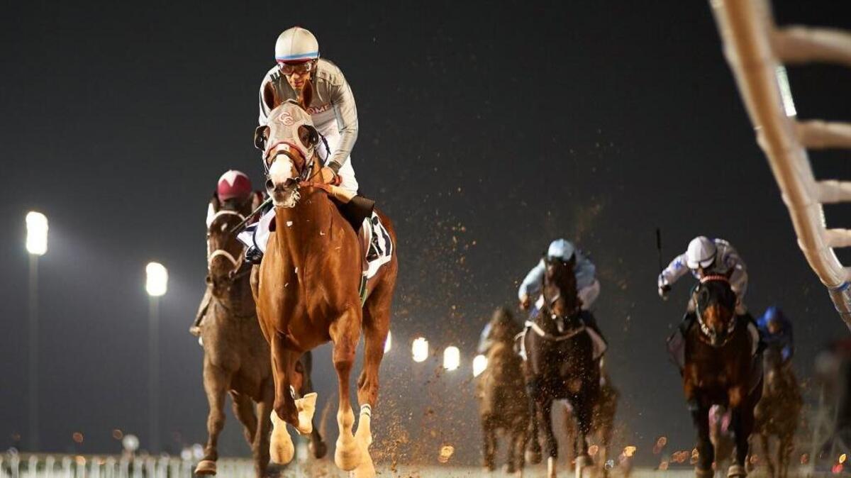 California Chrome, with Victor Espinoza aboard, easily runs away from the field in a $143,000 handicap at Dubai’s Meydan Racecourse on Feb. 25, 2016. The win was the 2014 Horse of the Year’s final prep for the Dubai World Cup on March 26.