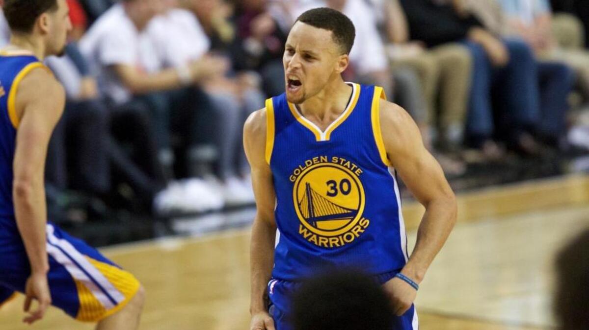 Golden State Warriors guard Stephen Curry reacts after making a basket against the Portland Trail Blazers during the second half of Game 4 of an NBA basketball second-round playoff series Monday, May 9, 2016, in Portland, Ore. The Warriors won 132-125 in overtime to take a 3-1 lead. Curry scored a game-high 40 points, including 17 in overtime.